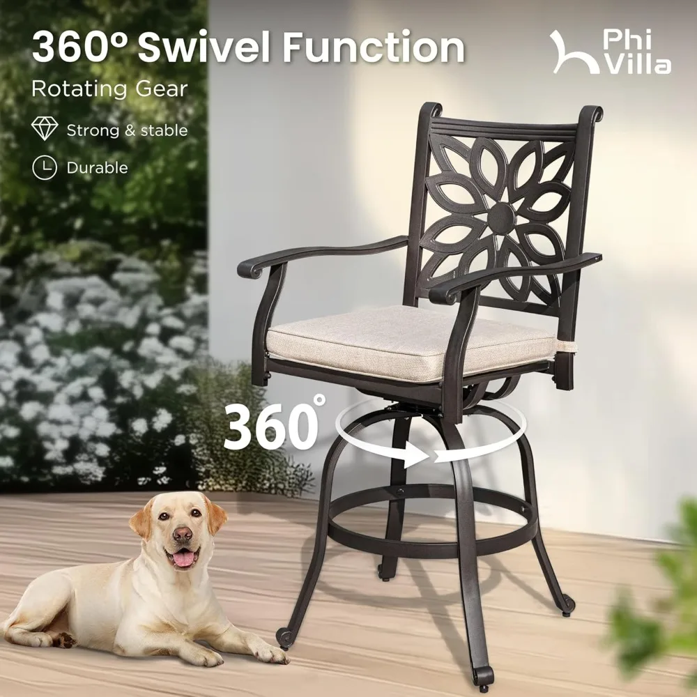 Outdoor Swivel Bar Stools Set of 4, Cast Aluminum Patio Pub Height Bar Stool & Chairs with Seat Cushion 2