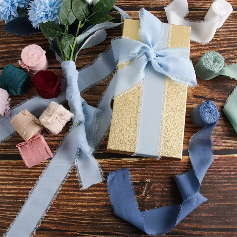 Satin Ribbons 4CM*5M Handmade Frayed Edged Silk Ribbon for Wedding Invitation Wrapping Bouquets Birthday Party Decorations Gifts
