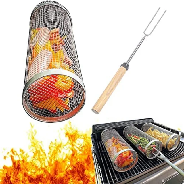 2023New Bbq Grillező Kosár Valaha Is Rozsdamentes Acél Gördülő Barbecue Rack Zöldségkosár Kemping Piknikek Szerszám