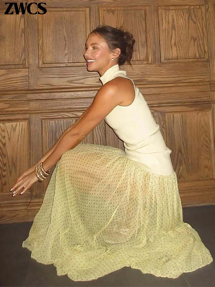 Slim Polka Dots Mesh Patchwork Dresses Women Elegant Half High