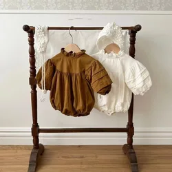 Spring Girls Casual Clothes Baby Long Sleeve Bodysuit Toddler Girl Cotton Beige Brown Jumpsuit Newborn Petal Collar Romper 0-2Y