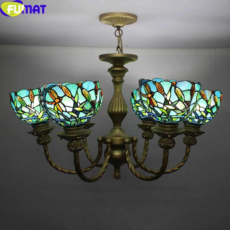 

FUMAT Tiffany Chandeliers Dragonfly Wheat Rose Blue Baroque Shade 6 8 Arms Stained Glass Pendant Light Art Hanging Lamp Fixture