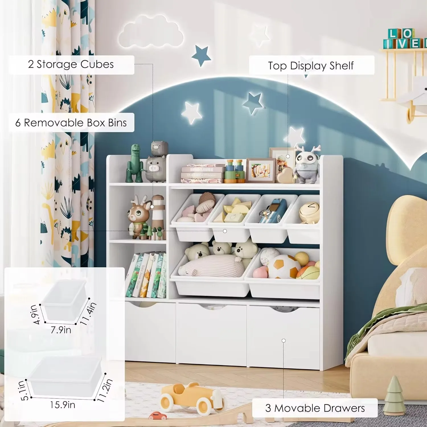 Toy Storage Organizer with 3 Drawers,Bookshelf and Bookcase with 6 Plastic Bins & 2 Storage Cubbies,Toy Box for Playroom
