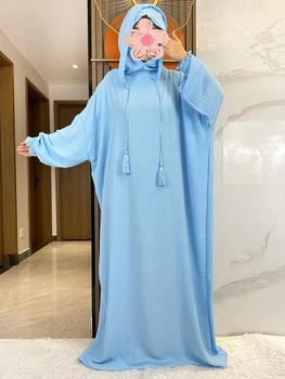 Candy Color Women Cotton Abayas Muslim Ramadan Prayer Clothes With Hooded Jalaba Casual Batwing Sleeve Arab Robe Eid Djellab