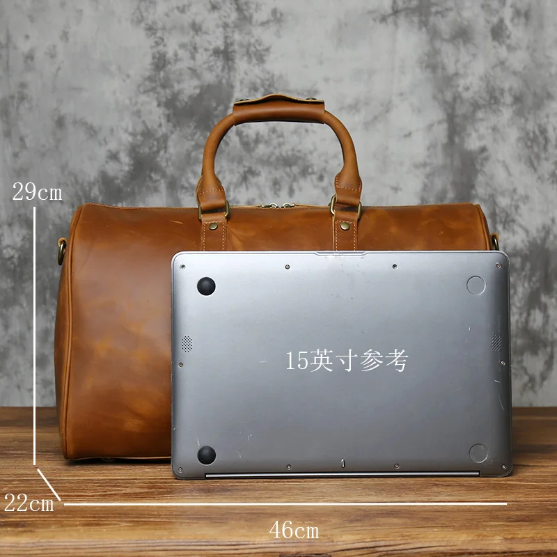 NZPJ Retro Men's Large-Capacity Leather Travel Bag First Layer Cowhide Shoulder Messenger Handbag with Zipper for 15 Inch Laptop