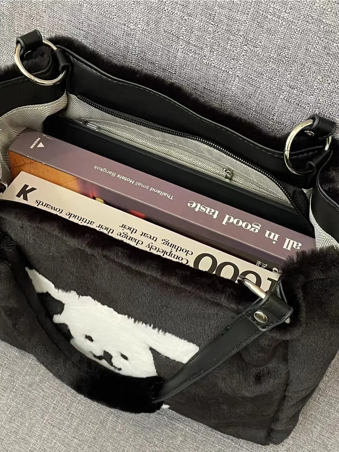 JIAERDI Harajuku Black Tote Bag Women New Autumn Plush Animal Pattern Casual Shoudler Bag Female Vintage Black Underarm Bag Y2k