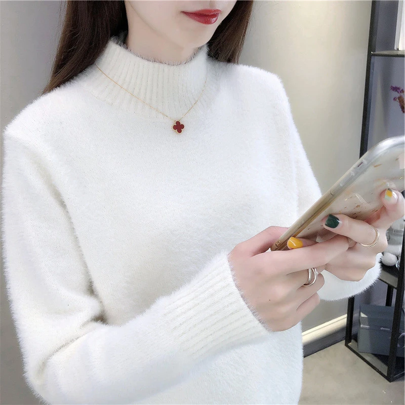 turtleneck JMPRS Pullover Women Sweater Winter Thick Faux Fur Half Turtleneck Knitted Jumper Autumn Loose Solid Fashion Warm Tops red sweater