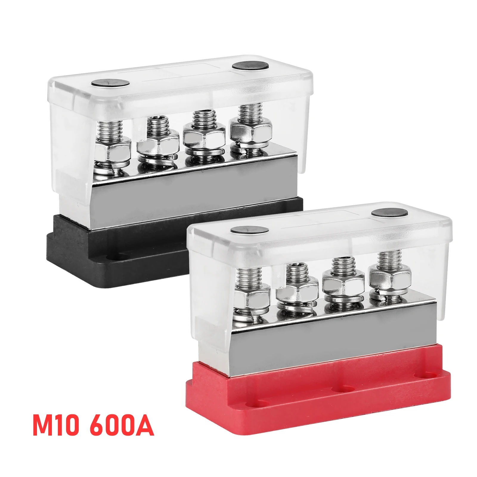 4 x M10 Bolzen (3/8 Zoll) Marine-Batterie-Sammelschiene, robust, 12–48 V, 600 A, wasserdichter Klemmenblock, Schwarz und Rot, für LKW, Marine, Solar – Detail 2