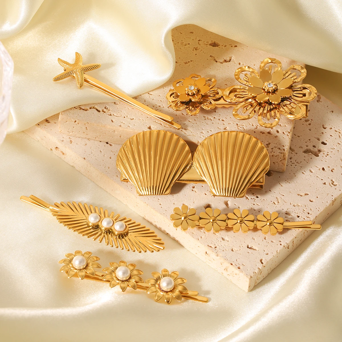 Forcina per capelli a forma di stella marina in acciaio inossidabile con perla, per donna, placcata in oro, accessori per capelli alla moda_voghion.com