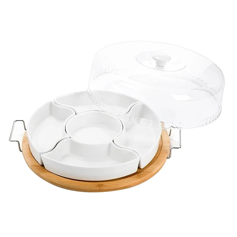 

Ceramic Divided Serving Dishes Platter With Clear Lid, Bamboo Appetizer Tray With Handles 5 Removable Snacks Bowls 28.5 X 5Cm