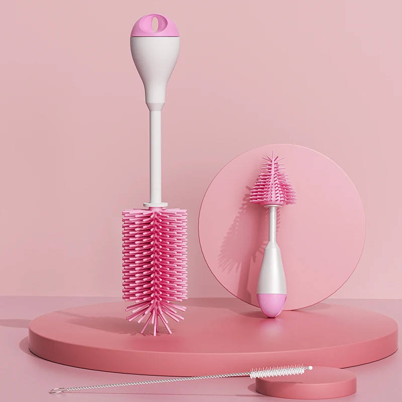Cleaning Brush Set 360 Degree Rotation 3 in 1 Silicone Baby Bottle Pacifier Brush Wash Water Cup Container Straw