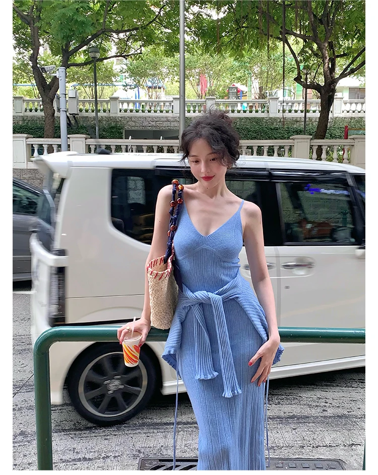 Vintage Chic Knitted 2-piece Dress Set Women Crop Cardigan V-neck Spaghetti Strap Bodycon Midi Dress Autumn New Female Clothing