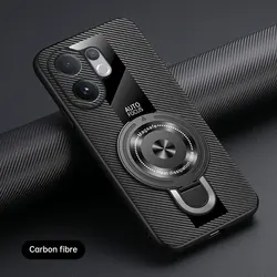 Luxury Shockproof Case with Magnetic Ring Holder and Leather Back Cover for VIVO V60 5G (Carbon Fiber)