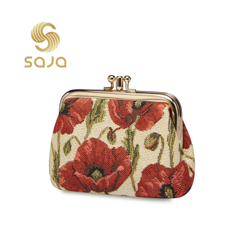 SAJA Tapestry Coin Purse Key Wallet Pouch Women's Wallet Double Pocket Kiss  lock Red Poppy Flower Coin Holder For Girl Ladies