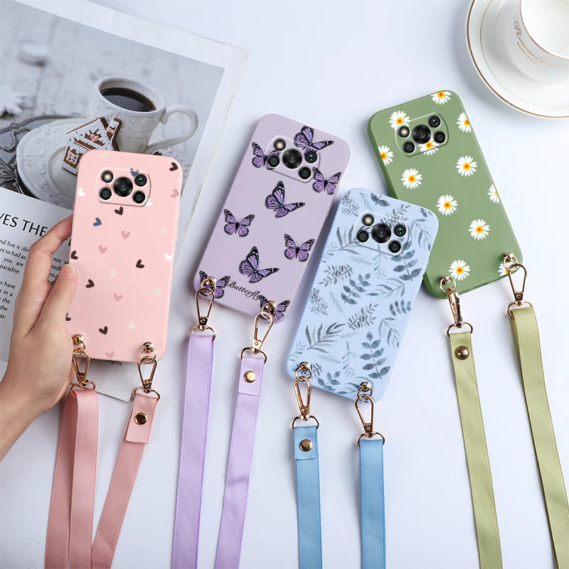 

Necklace Strap Lanyard Cord Funda For Xiaomi Poco X3 NFC Case Silicone Soft Cover For Poco X3 Pro POCOX3 X 3 NFC Flower Bumper