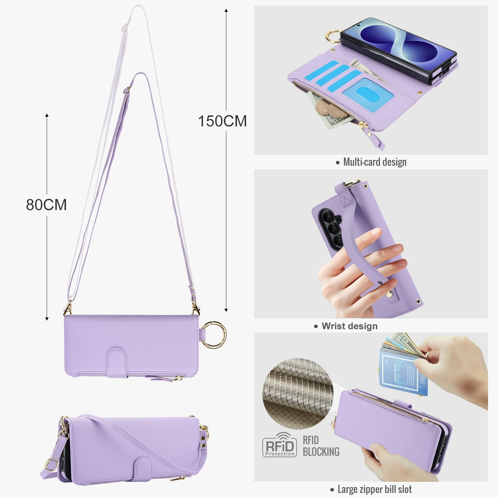 Elegant Multi-Functional Leather Crossbody Wallet Case with RFID Protection and Zippered Storage
