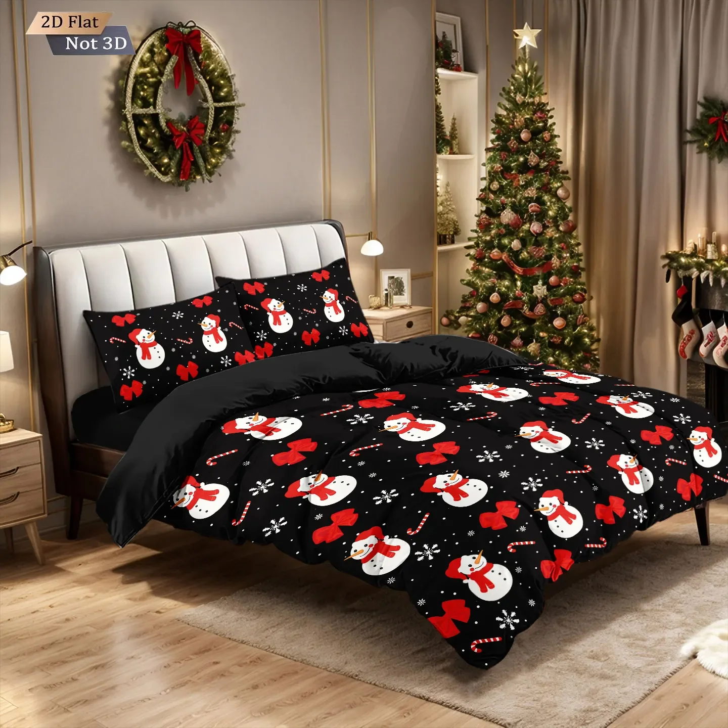 3pcs Christmas snowman printed black coreless bedding comfortable multi size bedroom dormitory duvet covers, machine washable