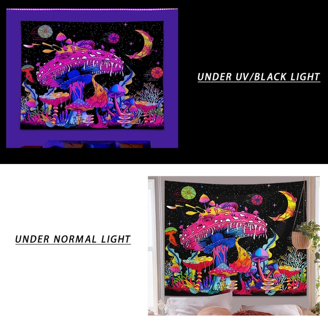 Tapisserie de champignons de couleur fluorescente, tapisserie de ciel nocturne mystérieuse, lumière noire ultraviolette, plante naturelle, forêt, lune, fleur, 1 pièce 3