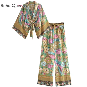 Boho Queens Women Peacock Floral Print Outfits Short Kimono Robe Bohemian Suits Wide Leg Pants 2 Pieces Rayon Boho Sets Swimsuit 1