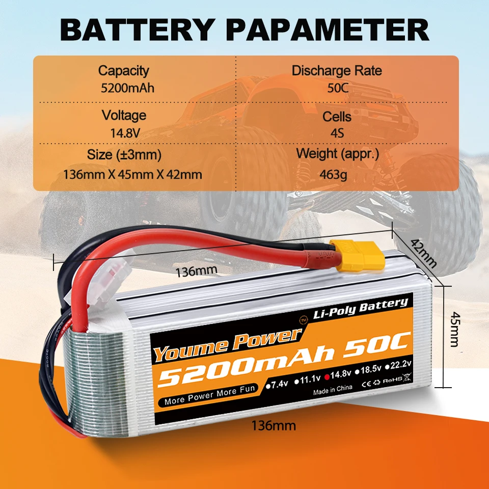 Lot de deux batteries LiPo 4S 5200mAh 14.8V avec câbles et connecteurs, idéal pour RC