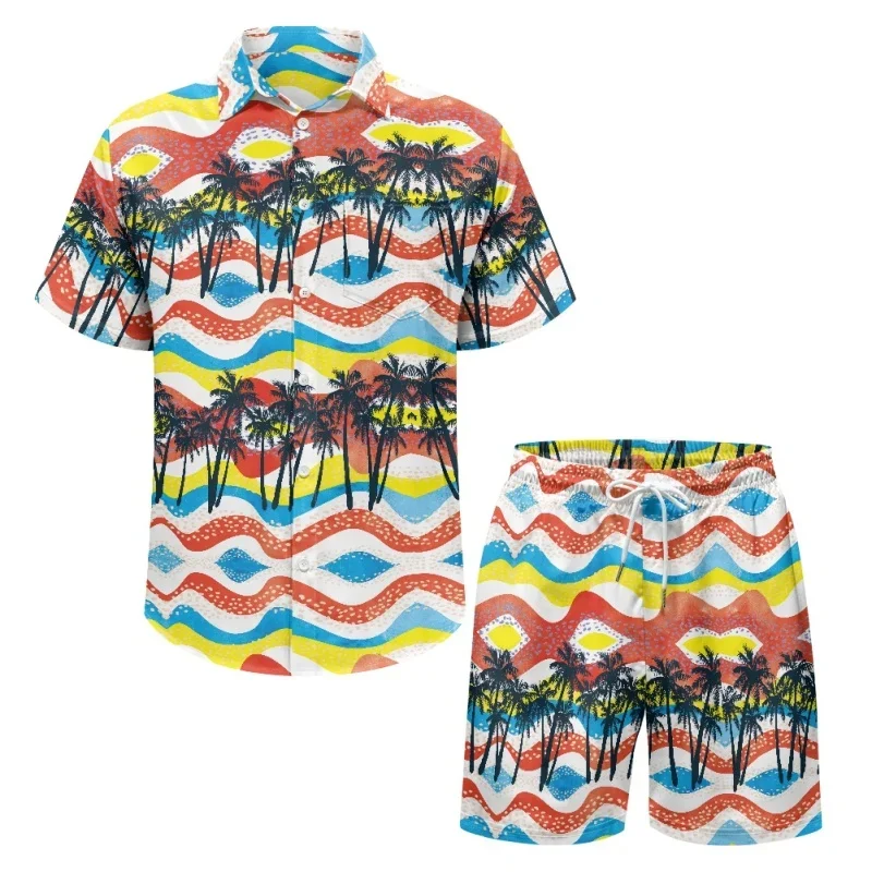 

Hot Hawaiian Beach Print Men's Suit Sets Mens Summer Print Causal Sleeve Shirt+Shorts Two Pieces Males Casual Suit Size S-3XL