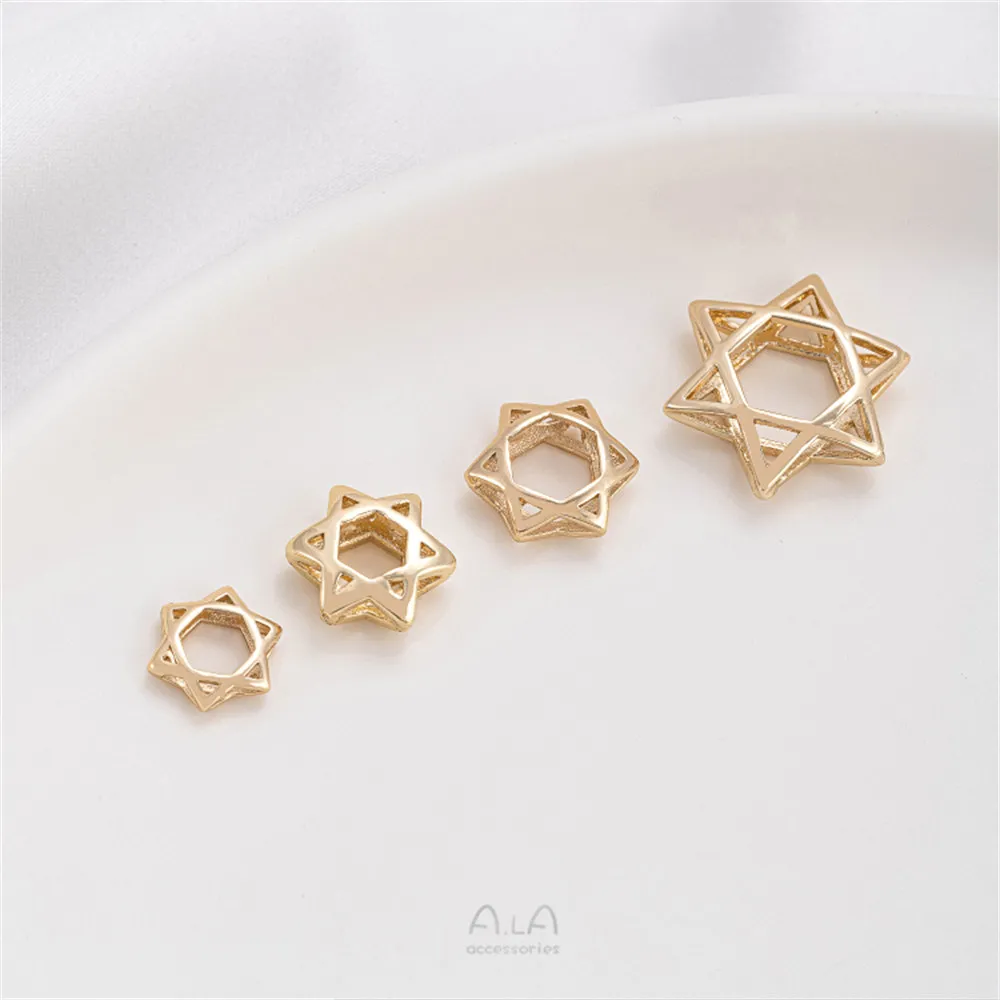 14K 골드 컬러 도금 황동 중공 6 지적 스타 비드 반지 수제 구슬 분리 반지 DIY 체인 쥬얼리 액세서리