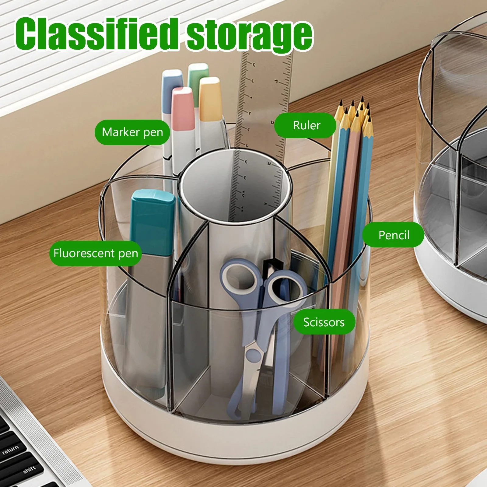 Rotating Pencil Organizer with 6 Compartments 360° Turntable Detachable Cosmetics Storage Box Round Revolving Makeup Brush 2