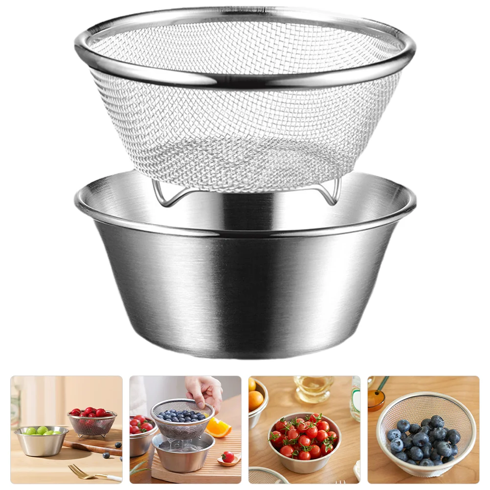 

304 Stainless Steel Rice Washing Vegetable Fruit Basin Drain Mesh Sieve Two-in-one Set 2pcs (304-14cm-set) Strainer