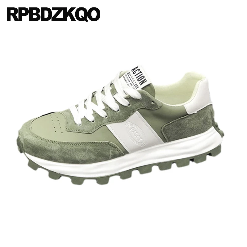 

Genuine Leather Flats Sport Shoes Lace Up Sneakers Nubuck Patchwork Thick Trainers Multi Colored Round Toe Athletic Men Cowhide