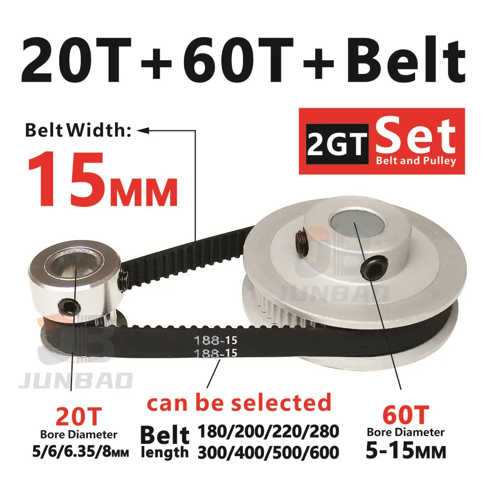 2GT Belt and pulley set 20T/60T Timing pulley Belt length 180/200/220/280/300/400/500/600MM GT2M Synchronous wheel CNC/3D Parts