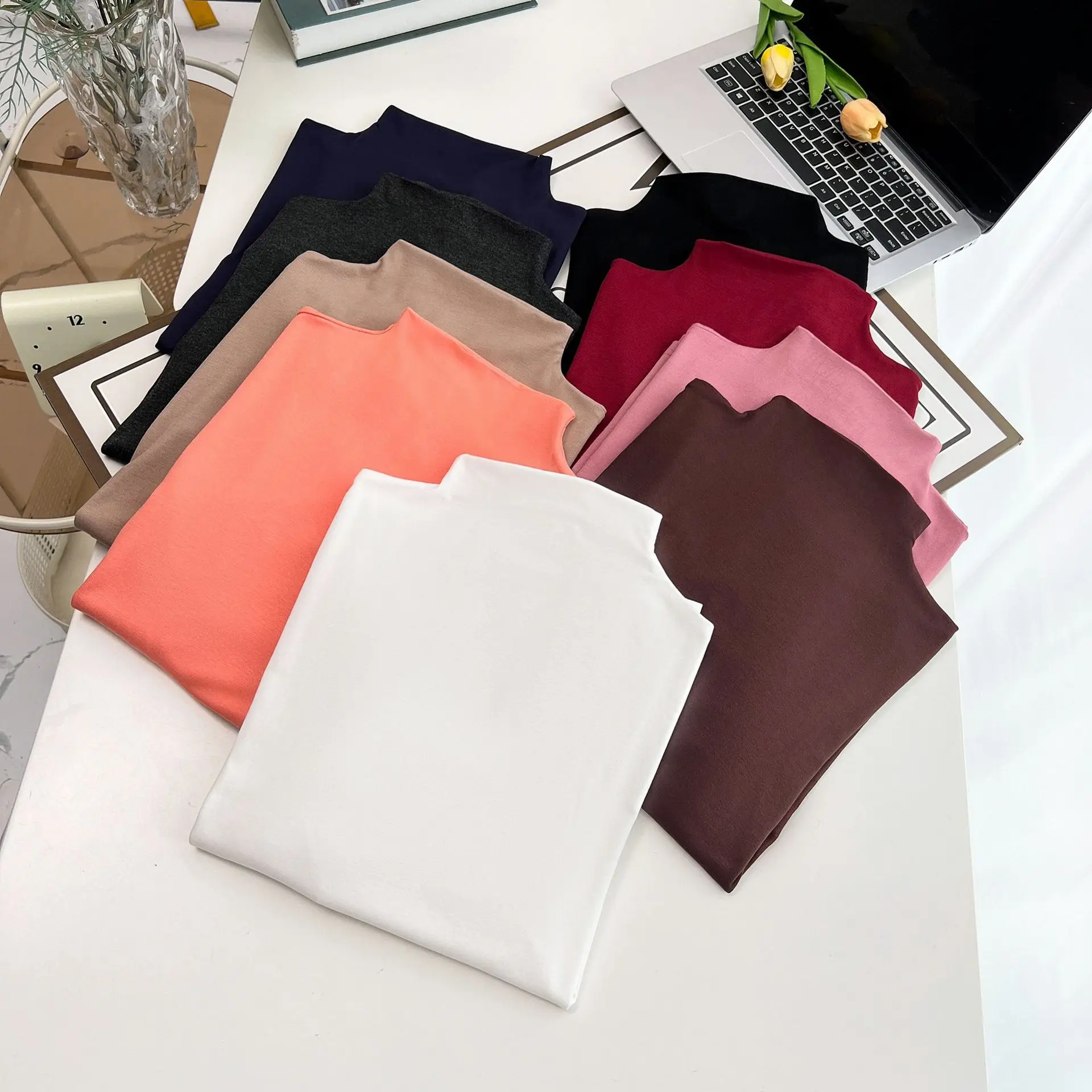 Women's Half Sleeve Cotton T-shirt, Plus Size Tops, Stand Collar, Solid Color, Spring and Autumn, New