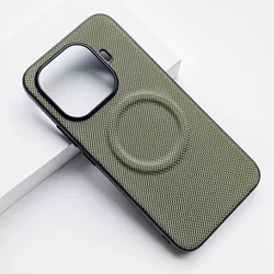 Luxury Leather Nylon Striped Magnetic MagSafe Back Phone Case - Xiaomi 15T (Green)