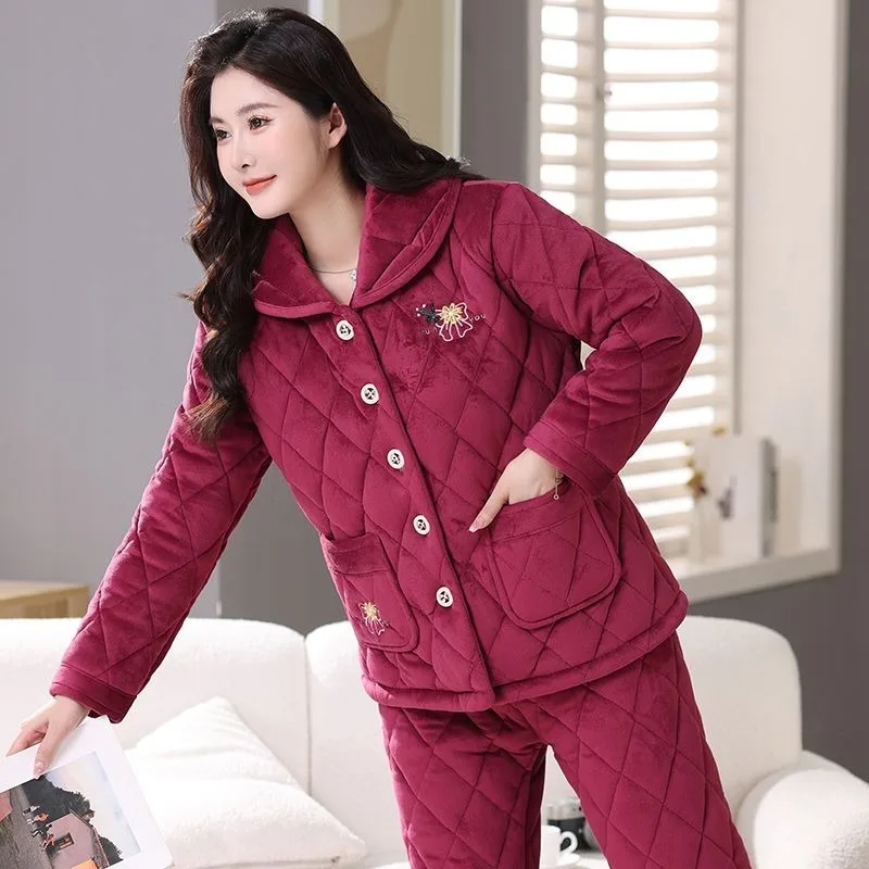 

Middle Age Elderly Coral Velvet Pajama Ladies Winter Thick Fleece Sleepwear Three-layer Padded Cotton Mom Flannel Loungewear Set