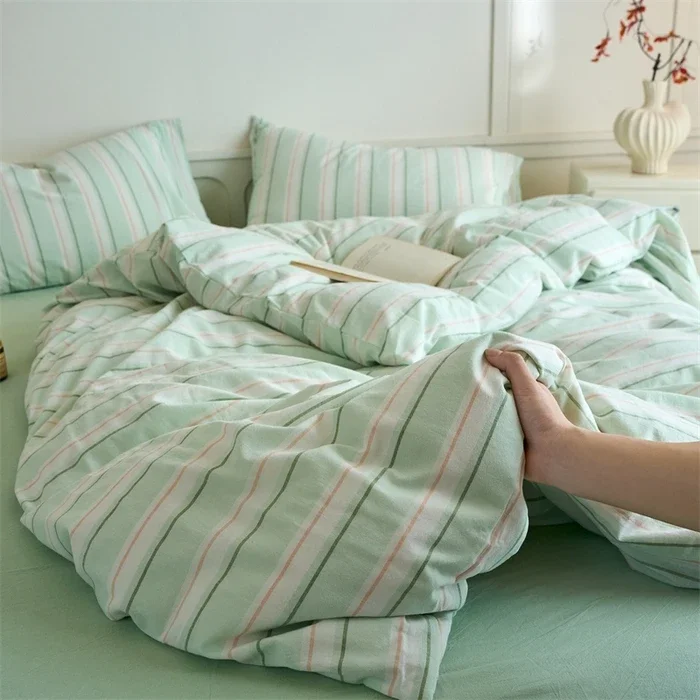 %100 Pamuk Şerit 3 Parça Nevresim Takımı (1 Nevresim + 2 Yastık Kılıfı), İpliği Boyalı, Yumuşak Nevresim Takımı, Çoklu Boyutlar