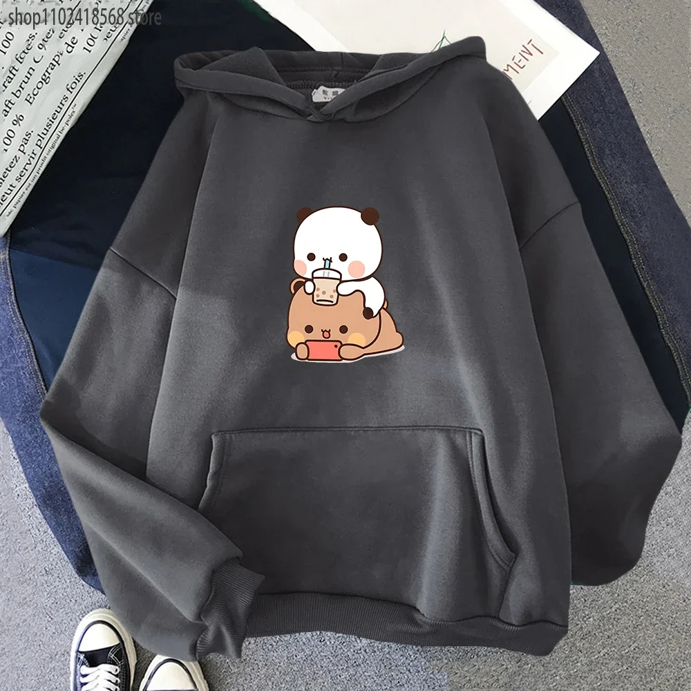 Bubu Is Watching Dudu While He Playing Games Hoodie Cute Panda Bear Cartoon Sweatshirts Women Funny Print Pullover Pocket Kawaii