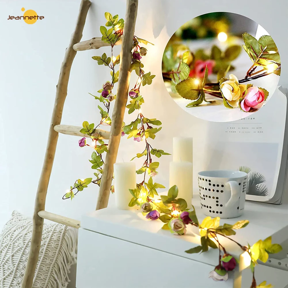 Solar Fairy Light Artificial Flower Rose Vine String Lights Outdoor Waterproof Garland Plant Lamp for Wedding Party Garden Decor solar flower green leaf string lights artificial vine fairy lights outdoor solar lights christmas tree garland light for weeding