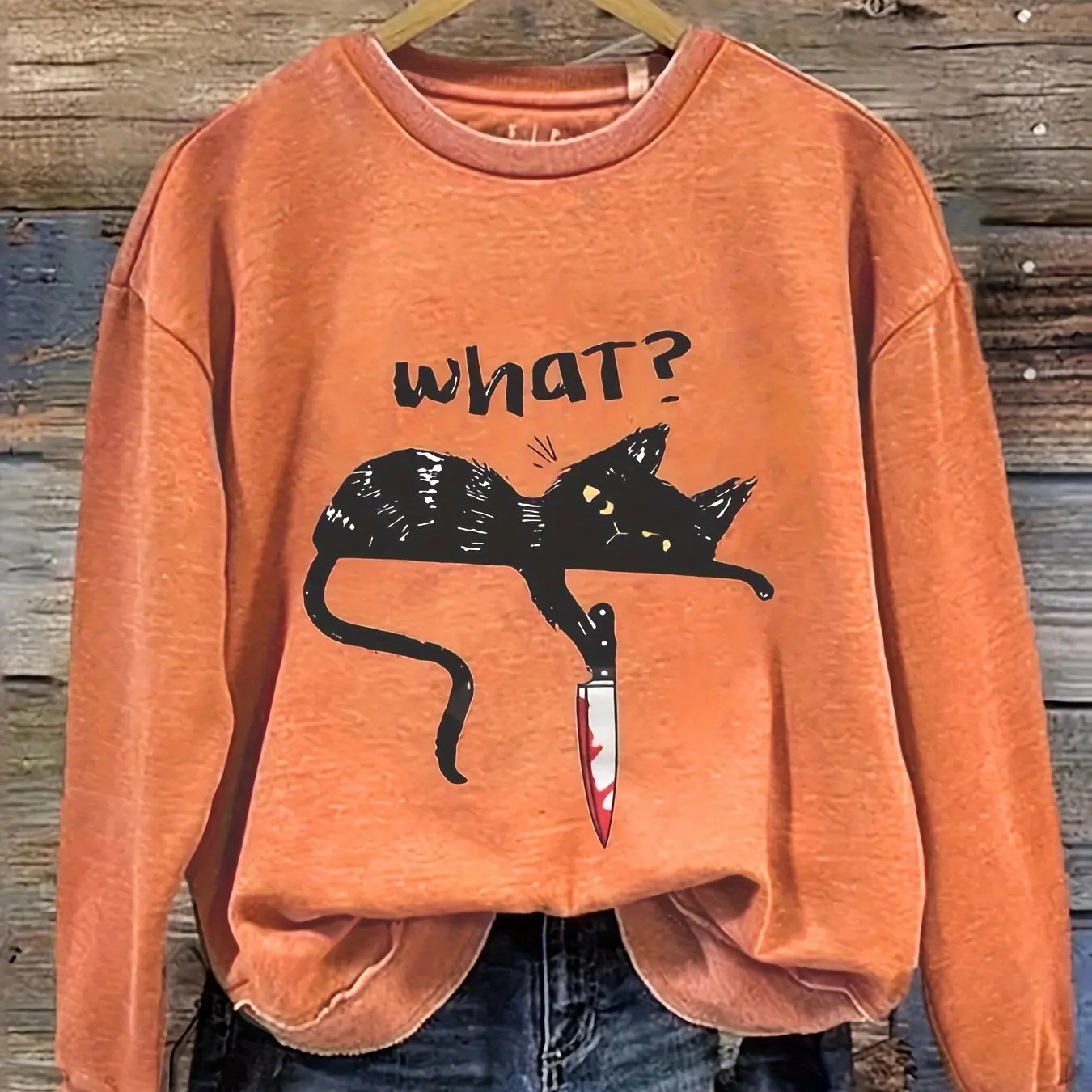

Black Cat Print Sweatshirt Casual Long Sleeve Crew Neck Sweatshirt Women's Clothing