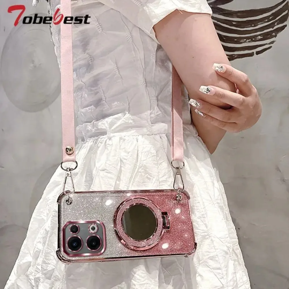 Elegant Crossbody Lanyard Shockproof Plating Case with Mirror and Makeup Holder Cover