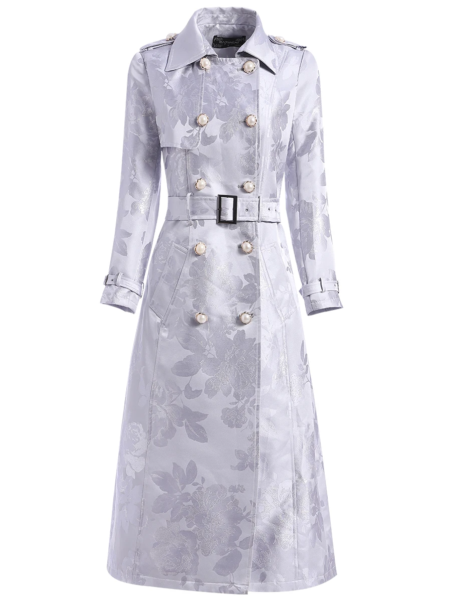 

Spring Autumn Double Breasted Trench Long Coat Office Lady Jacquard Coat Adjustable Waist Jackets Floral Windbreaker Overcoat