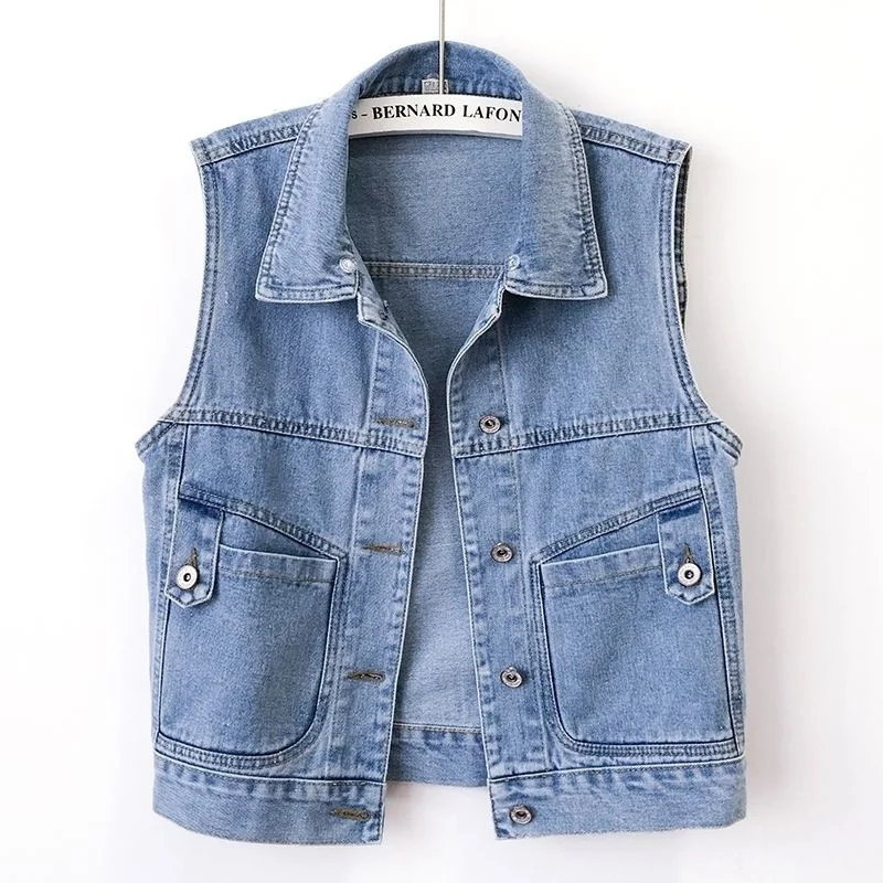 Short Hooded Denim Vest Jackets Women Spring Autumn Pocket Jean