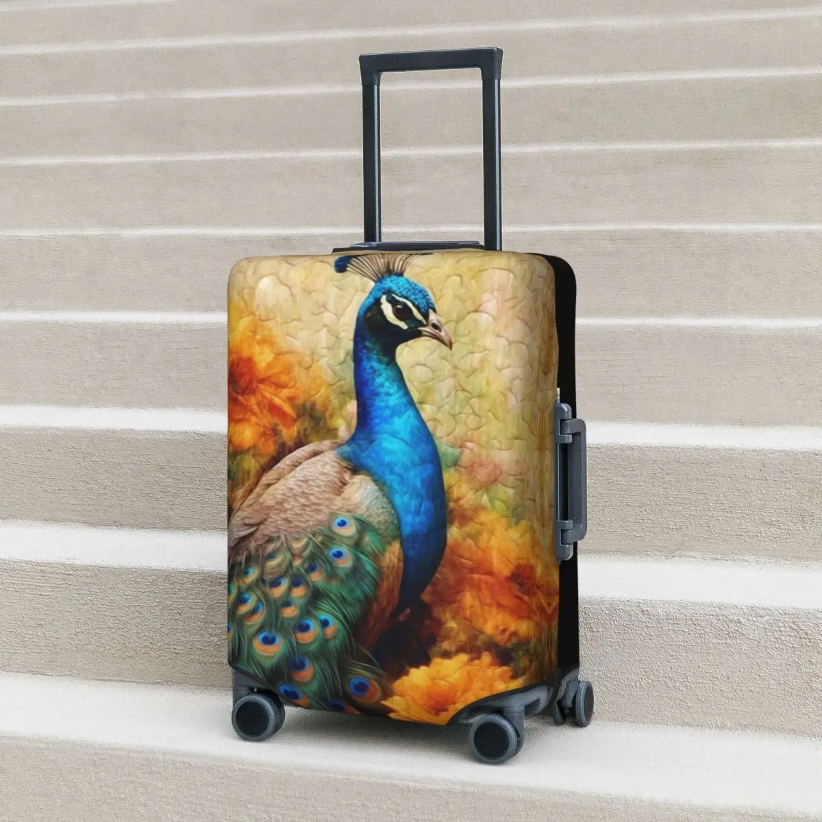 

Peacock With Blue Feathers Suitcase Cover yellow flowers Cruise Trip Protector Vacation Elastic Luggage Case