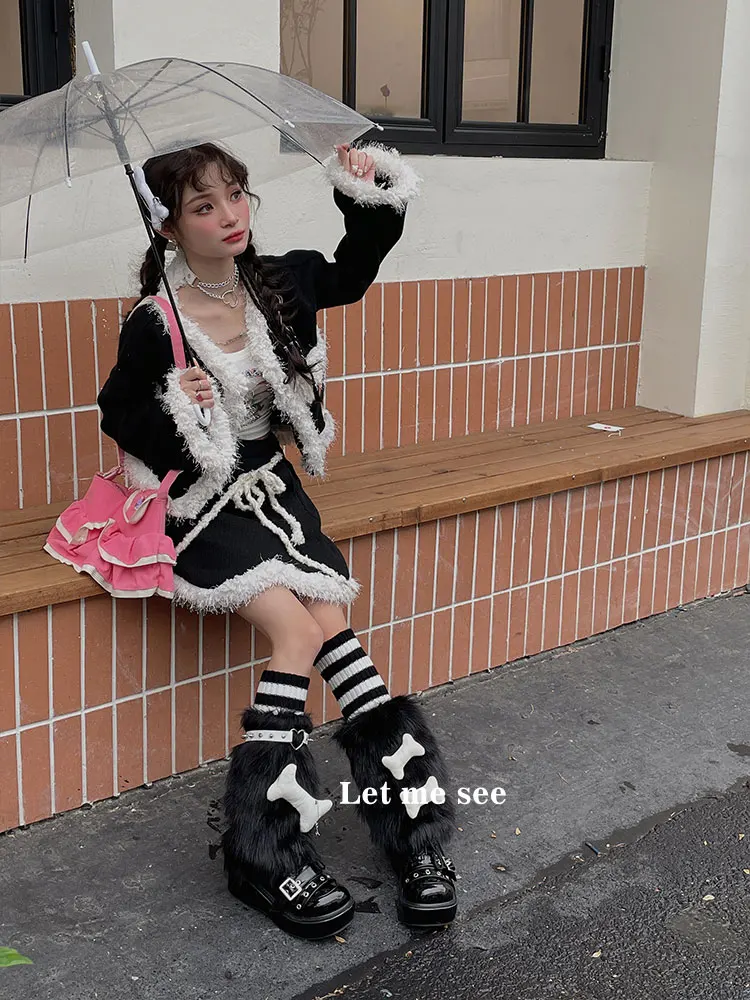 Furry Leg Warmers Stripes Pile Style Knee Belt Three-Piece Set Boot Covers Lady Cute Knee-length Warm Sock Fashion Leg Stockings