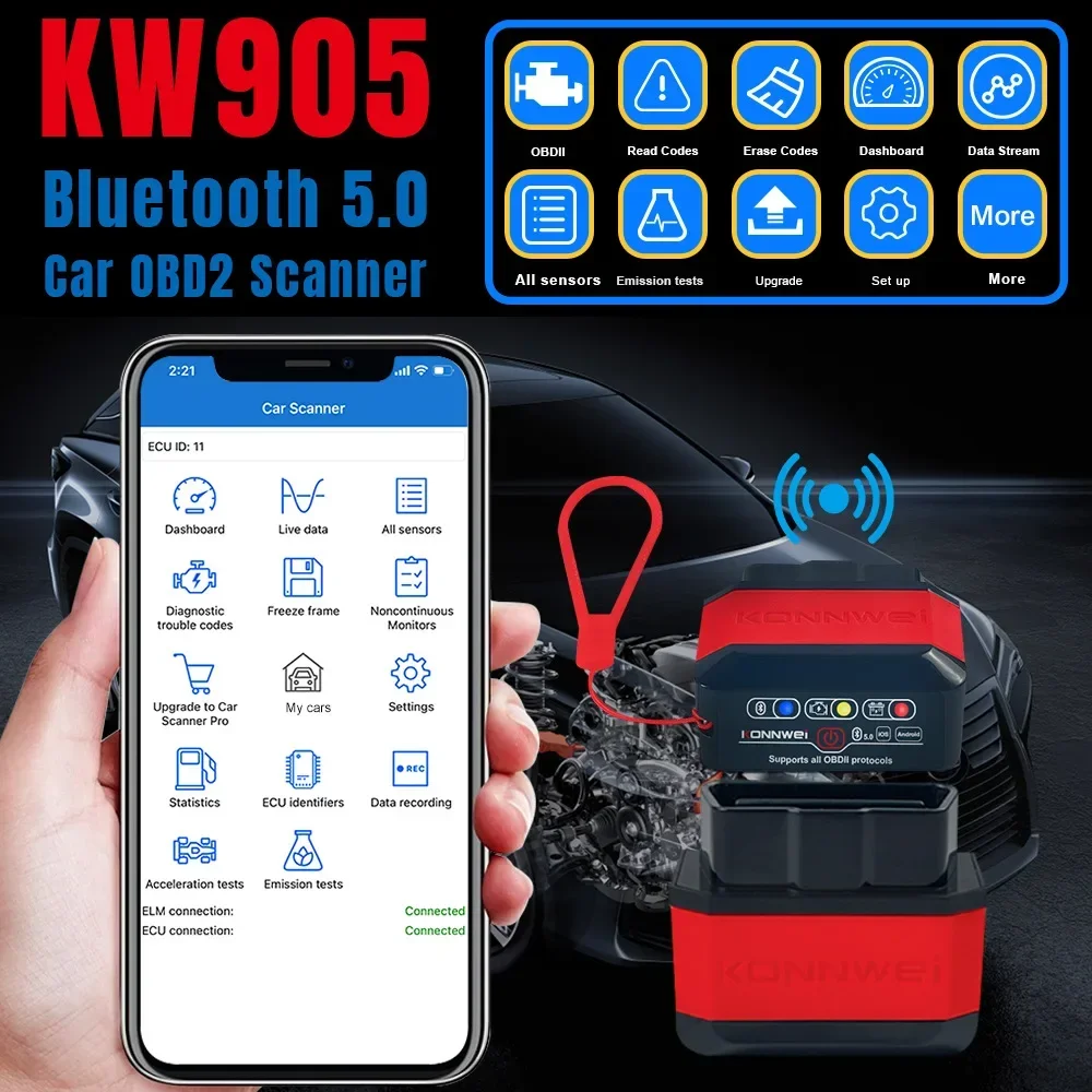 KONNWEI KW905 ELM327 OBD2 Car Scanner Bluetooth 5.0 Engine Fault Scanner Tool OBDII Code Reader Diagnostic Tool for Android/IOS 2