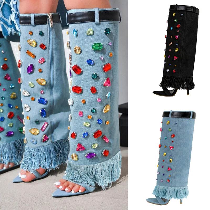 

Women's Boots 2023 New Shiny Diamond High Sleeve Boots Thin High Heel Boots Colorful Diamond Boots Women's Denim Fashion Boots