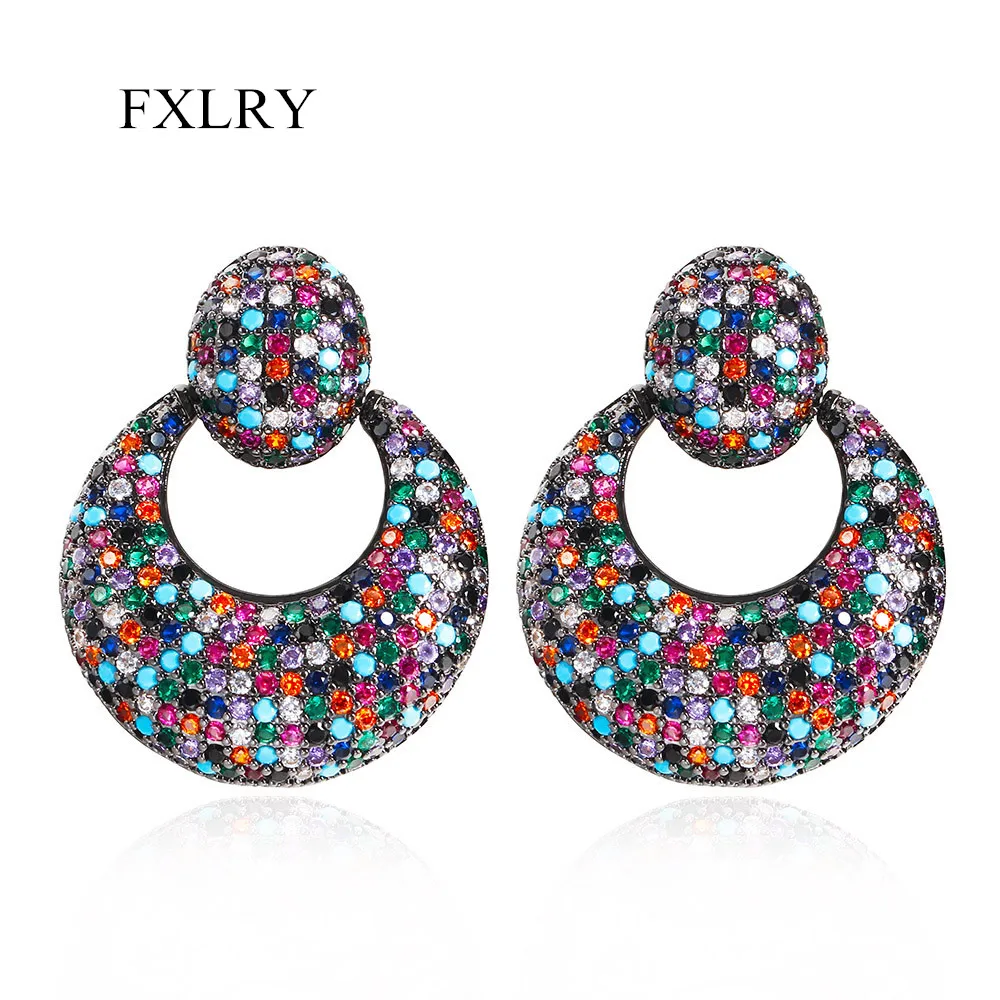 

FXLRY High Quality Multi Color Pave Cubic Zirconia Big Circle Drop Earrings For Women Jewellery