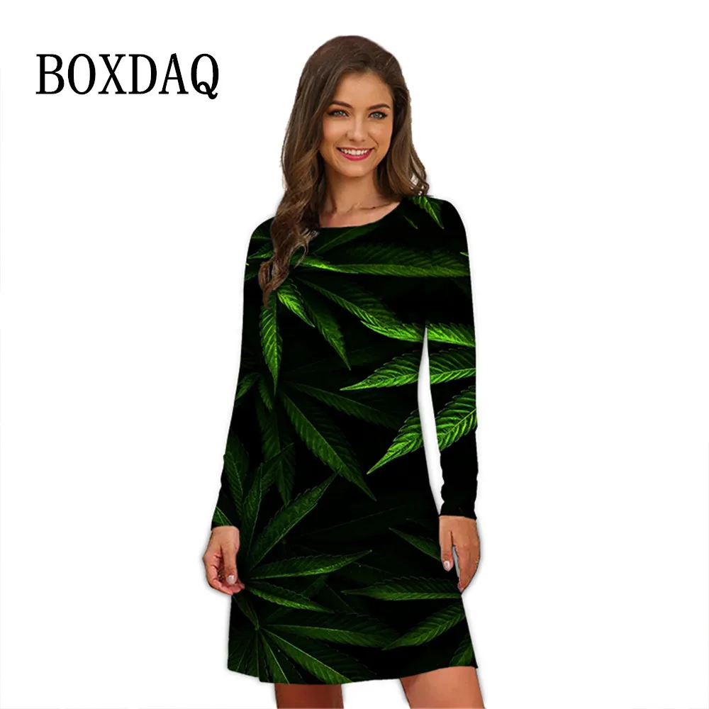 3D Green Leaves Print Dresses For Women 2022 Long Sleeve Loose Oversized Dress Casual Mini Pullovers O-Neck Autumn New Clothing