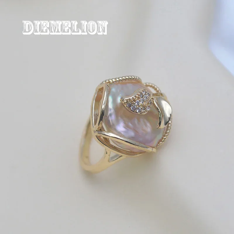 

100% Real Natural 18mm Square Baroque Pearl Ring 14K Gold Plating Classic Women's Fine Jewelry Adjustable Size