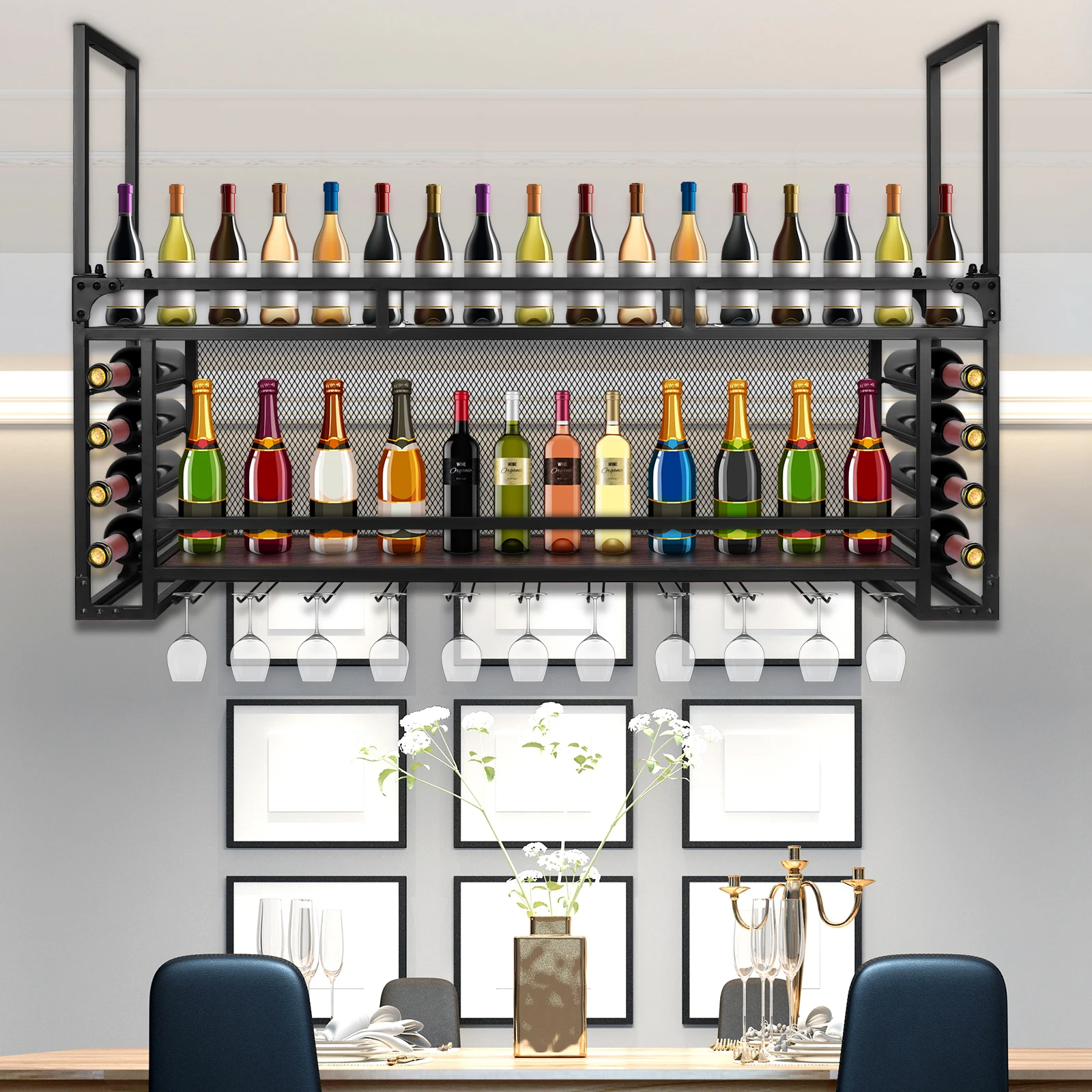 Black Iron 2 Tier Wall Mounted Wine Bottle Display Shelf