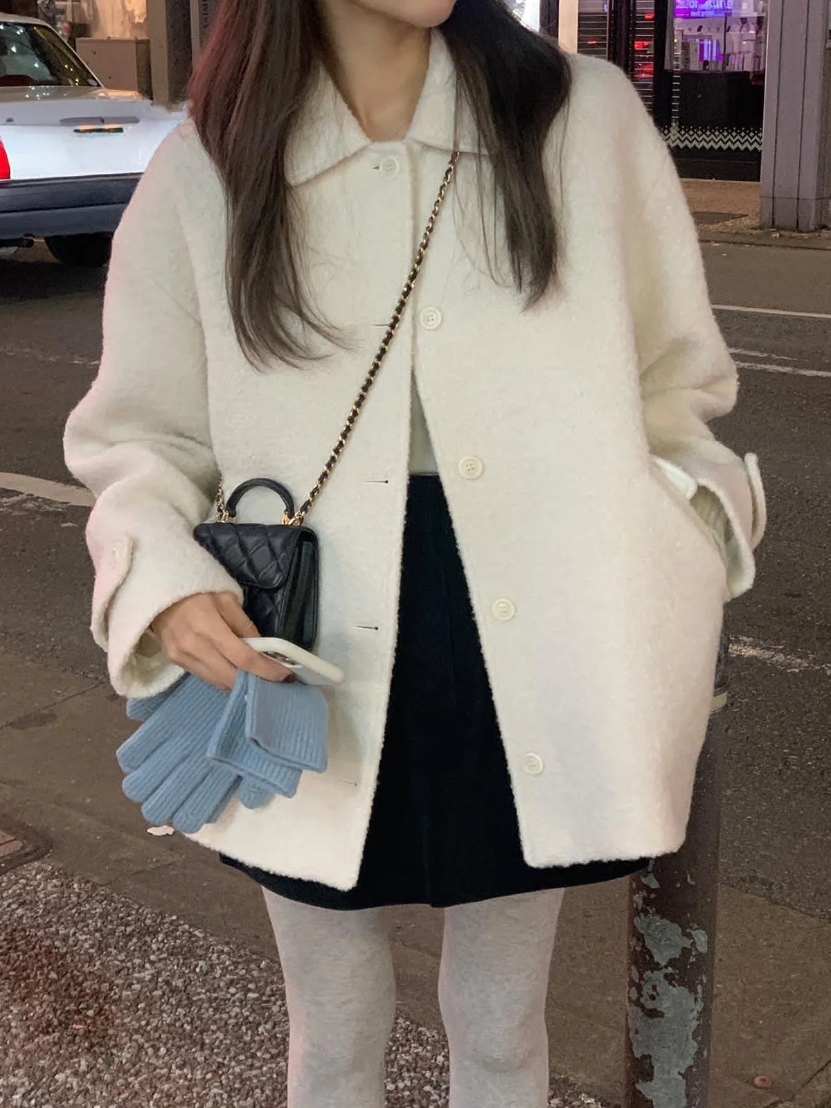 White Woolen Coat Women's ort Sle Korean Version Winter Outerwear Commute Straight Cut Long Sve Single Button Pure Color