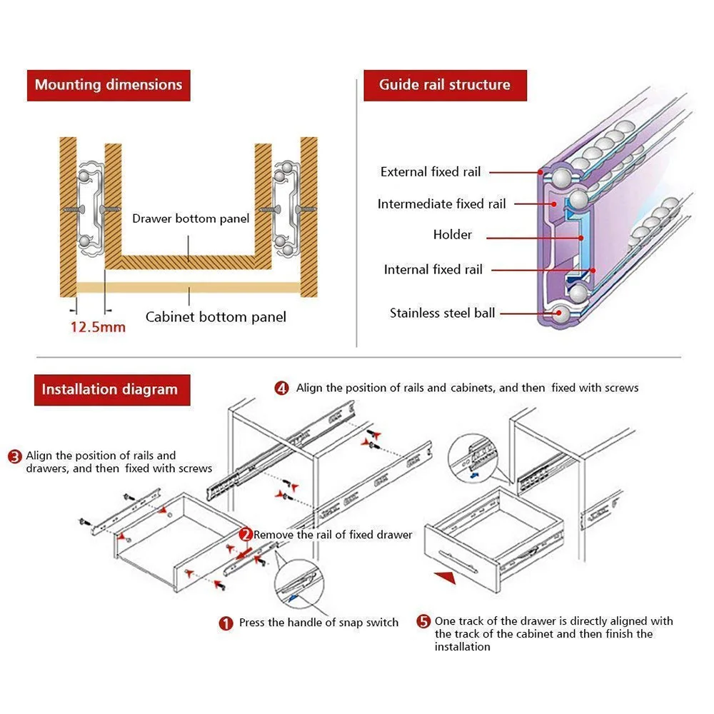 Empurre para abrir gaveta Slides, extensão completa, Handleless Side, Mount Ball Bearing, Metal Black Rails, Track Guide, corredores, 10